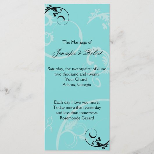Turquoise Black Swirl programme de mariage floriss (Devant)
