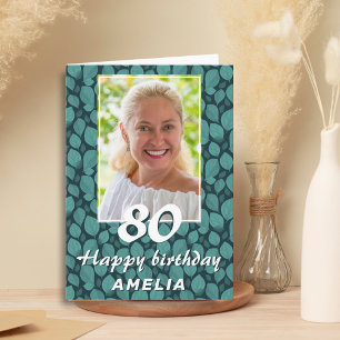 Turquoise Blad Patroon 80ste Verjaardag Foto Kaart