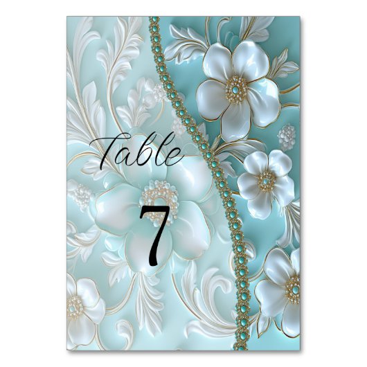 Turquoise Blanc Floral Numéro de table (Dos)