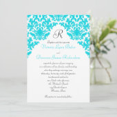 Turquoise, Blanc, Noir Damas Invitation Monogrammé (Debout devant)
