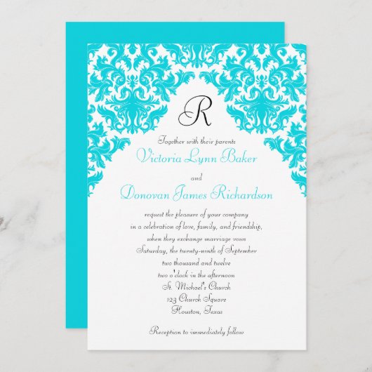 Turquoise, Blanc, Noir Damas Invitation Monogrammé (Devant / Derrière)