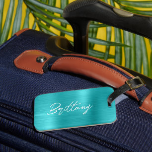 Turquoise Blau Folie Moderne Borstel Schrift Voorn Bagagelabel