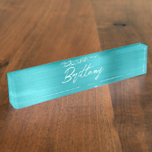 Turquoise Blau Ombre Folie Moderne Borstel Schrift Naambordje