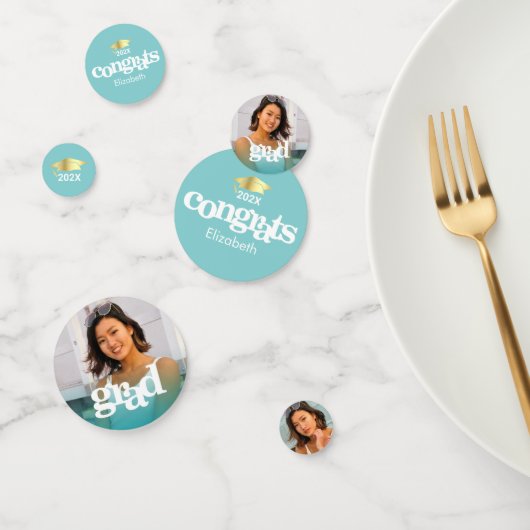 Turquoise blauw afstuderen 3 foto vetgedrukte typo confetti (Groep)