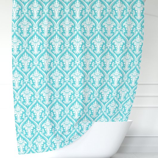 Turquoise Blauw en Witte Damast Douchegordijn