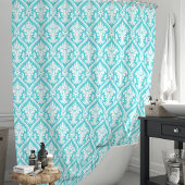 Turquoise Blauw en Witte Damast Douchegordijn