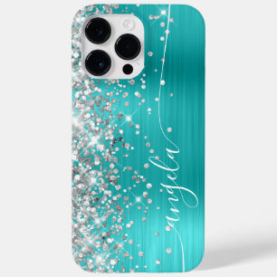 Turquoise Blauw en Zilver Glitter Glam Handtekenin Case-Mate iPhone 14 Pro Max Hoesje