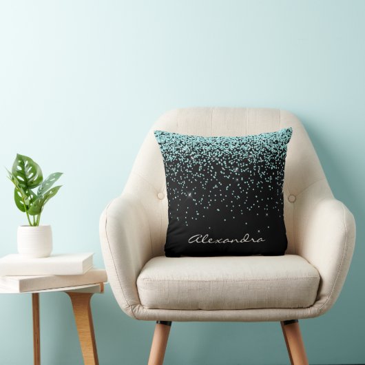 Turquoise Blauw en Zwart Glitter Sparkle Monogram Kussen (Stoel)
