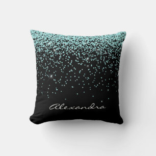 Turquoise Blauw en Zwart Glitter Sparkle Monogram Kussen