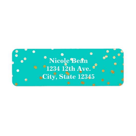 Turquoise Blauw & Goud Glanzende Confetti Stippen  Etiket (Voorkant)