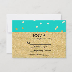 Turquoise Blauw & Goud Glanzende Confetti Stippen RSVP Kaartje