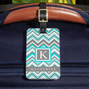 Turquoise blauw grijs groen wit chevron patroon bagagelabel