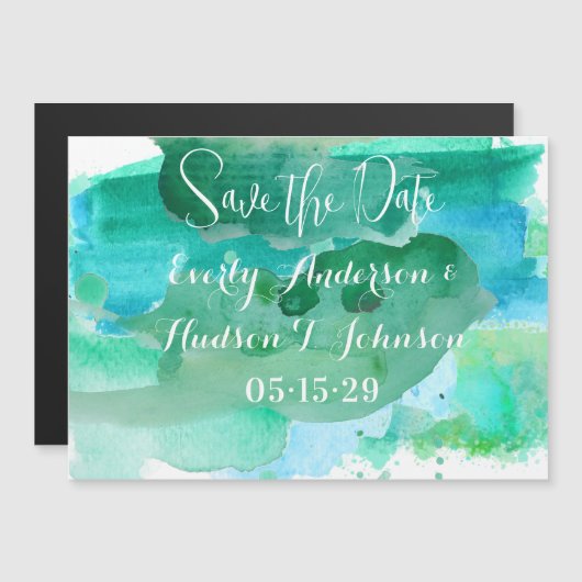 Turquoise Blauw Groen Moderne Abstracte Waterverf Magnetische Uitnodiging (Voorkant / Achterkant)
