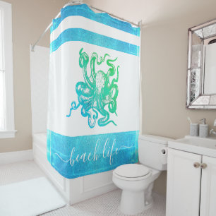 Turquoise blauw groen octopus strand life script douchegordijn