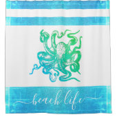 Turquoise blauw groen octopus strand life script douchegordijn (Voorkant)