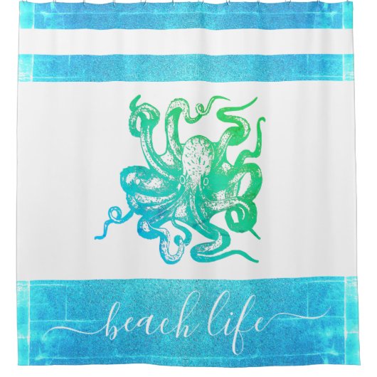 Turquoise blauw groen octopus strand life script douchegordijn (Voorkant)