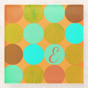 Turquoise Blauw Groen & Oranje Cirkels Monogram Glazen Onderzetter