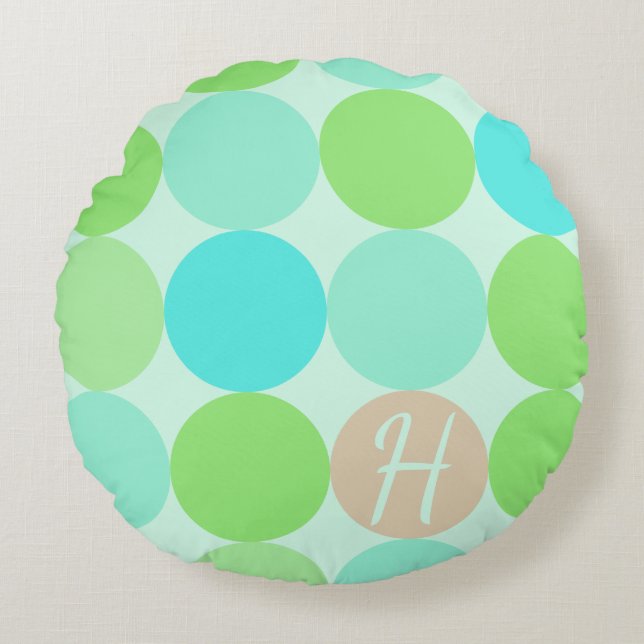 Turquoise Blauw Groen & Oranje Cirkels Monogram Rond Kussen (Voorkant)