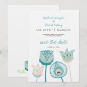 Turquoise Blauw & Ivoor Funky Flowers Save the Dat Date (Voorkant / Achterkant)