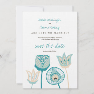 Turquoise Blauw & Ivoor Funky Flowers Save the Dat Date