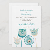 Turquoise Blauw & Ivoor Funky Flowers Save the Dat Save The Date (Voorkant / Achterkant)
