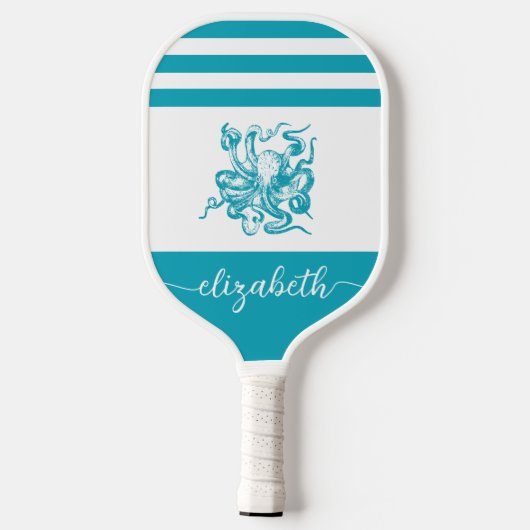 turquoise blauw kuststrand octopus name pickleball paddle (Achterkant)