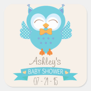 Turquoise Blauw & Paarse Jongen Uil Baby shower Vierkante Sticker