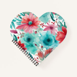 Turquoise blauw Rode Aquarel Lente Bloemen Notitieboek