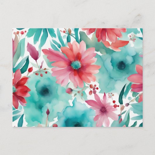 Turquoise blauw Rode Waterverf Spring Flowers Briefkaart (Voorkant)