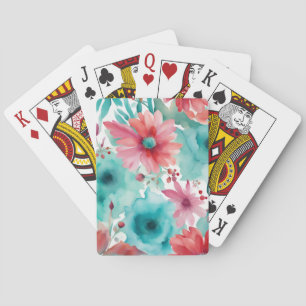 Turquoise blauw Rode Waterverf Spring Flowers Pokerkaarten