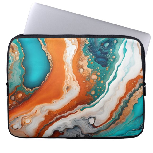 Turquoise blauw, roest en goudverf abstract laptop sleeve (Voorkant)