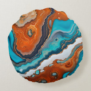 Turquoise blauw, roest en goudverf abstract rond kussen