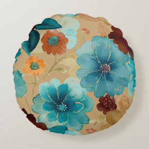 Turquoise blauw, rood, roest en bronzen bloemen rond kussen