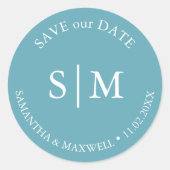 Turquoise Blauw Strand Bruiloft Monogram Ronde Sticker (Voorkant)