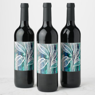 Turquoise Blauw & Teal Modern Botanische Waterverf Wijn Etiket