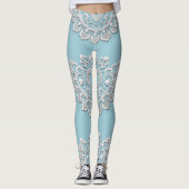 Turquoise Blauw Wit Kant Hart Bruiloft Bruids Leggings (Voorkant)