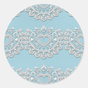 Turquoise Blauw Wit Kant Hart Bruiloft Bruids Ronde Sticker