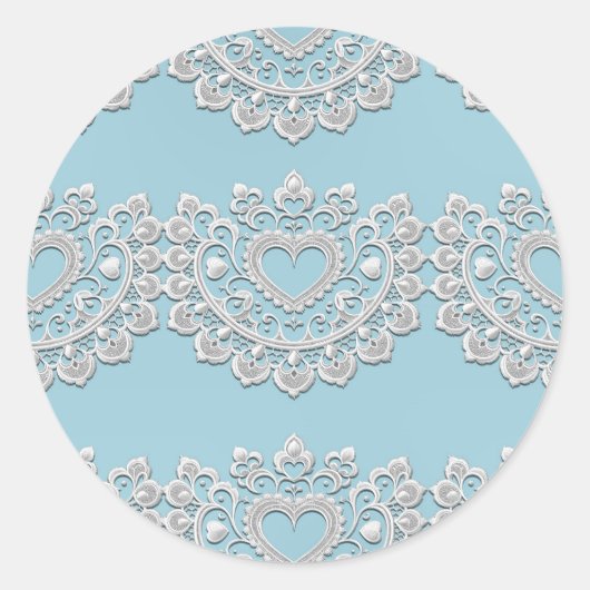Turquoise Blauw Wit Kant Hart Bruiloft Bruids Ronde Sticker (Voorkant)