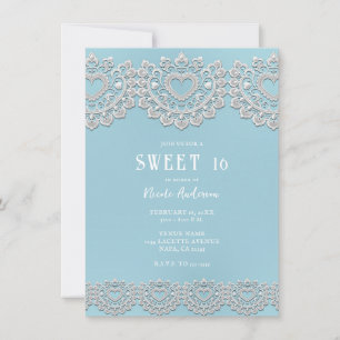 Turquoise Blauw Witte Kant Hart Sweet 16 Kaart