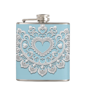 Turquoise Blauw Witte Kant Hart Trouw Bruids- Heupfles