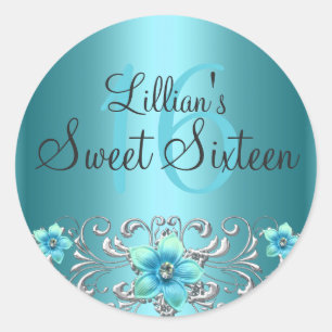 Turquoise Blauw Zilveren Bloem Sliert Sweet 16 Sti Ronde Sticker