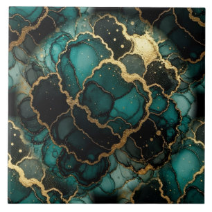 Turquoise Blauw, Zwart en Goud Alcoholinkt Tegeltje