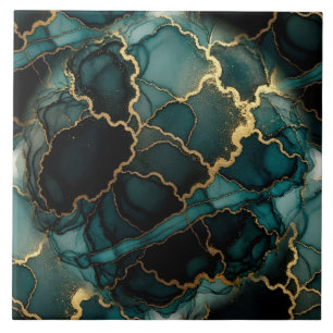Turquoise Blauw, Zwart en Goud Alcoholinkt Tegeltje
