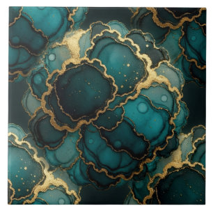 Turquoise Blauw, Zwart en Goud Alcoholinkt Tegeltje
