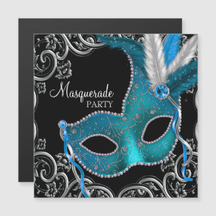 Turquoise Blauw Zwart Maskerade Feest Magnetische Uitnodiging
