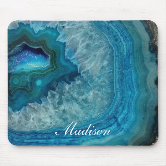 Turquoise Blauwe Agaat Geode Monogram  Naam Muismat (Voorkant)