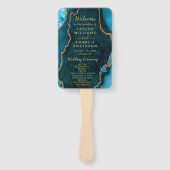 Turquoise Blauwe en Gouden Agaten Huwelijksprogram Handwaaier (Voorkant)
