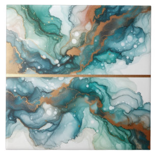 Turquoise Blauwe en Gouden Alcohol Inkt Tegeltje