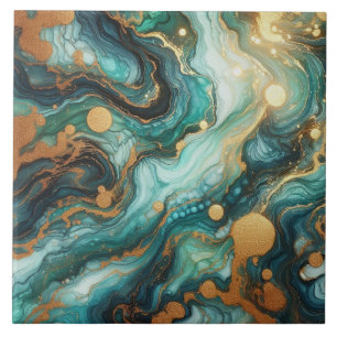 Turquoise Blauwe en Gouden Alcohol Inkt Tegeltje