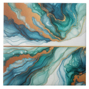 Turquoise Blauwe en Gouden Alcohol Inkt Tegeltje